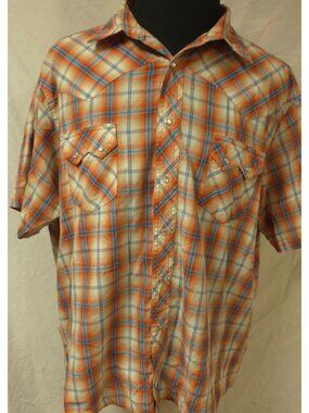 Wrangler Mens 2X Orange Plaid Pearl Snap Short Sleeve Cowboy Western Shirt